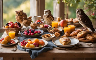 Frühstückstisch mit Lerchen und Eulen, die auf ein süßes Frühstück sehen